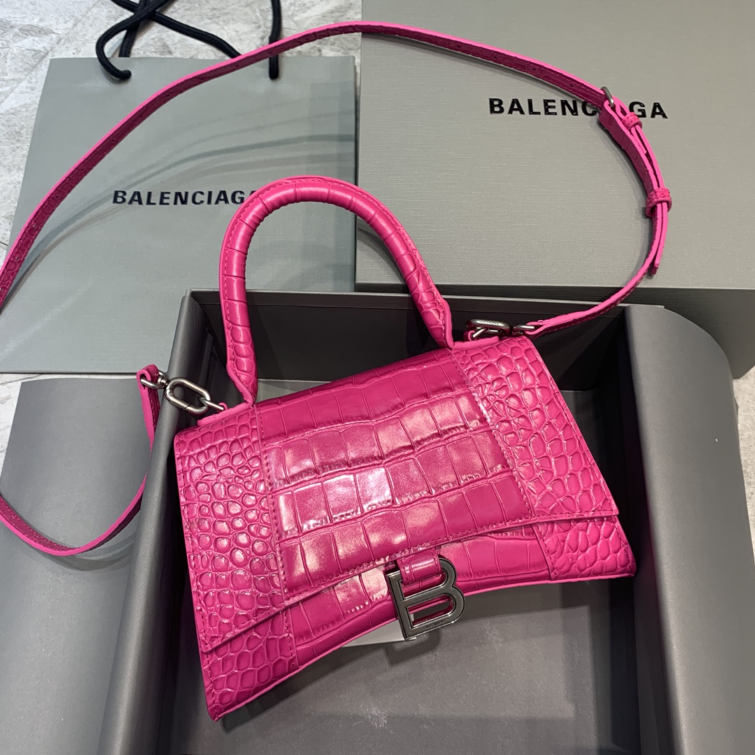 Balenciaga Hourglass Small Handbag Crocodile Embossed Shoulder Bag Rose Red